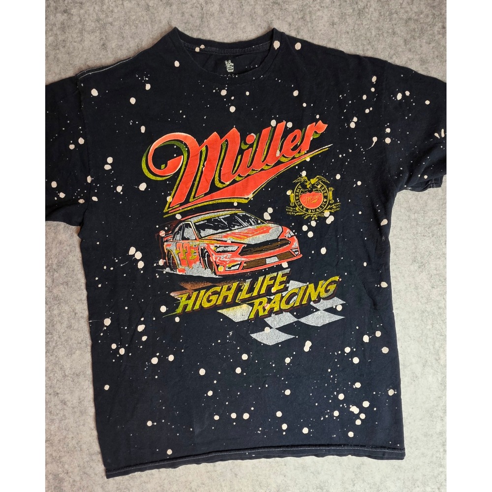 Junk Food Miller High Life Racing T-Shirt Bleach Splatter Distressed Black M